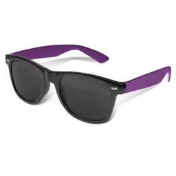 Malibu Premium Sunglasses featuring a black frame and purple arms, designed for leisure and outdoor activities.