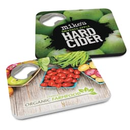 A drink bottle opener in green and white, featuring fruit designs and a logo on either side.