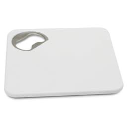 A drink bottle opener in white, designed as a square coaster with a built-in bottle opener and a logo.