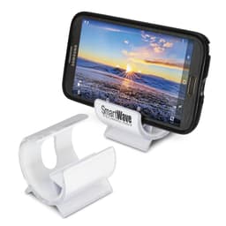 A white phone stand is displayed, supporting a smartphone with a scenic sunset background on the screen.