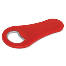 A drink bottle opener in vibrant red, featuring a circular metal opening and a smooth plastic handle.