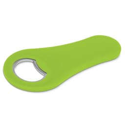 A drink bottle opener in bright green with a round, metal opening and a smooth handle. It features a logo.