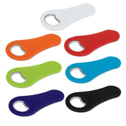 A drink bottle opener in various colours, including white, orange, green, blue, red, black, and purple, with a metallic ring.