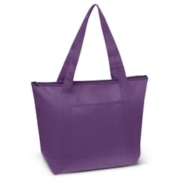 A purple cooler bag with two straps and a front pocket, featuring a zip closure and a branding logo.
