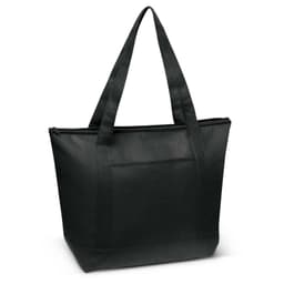A black Orca cooler bag with a zippered top and two sturdy handles. Features a front pocket.
