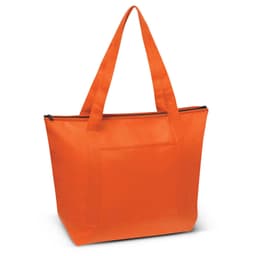 An orange cooler bag with two shoulder straps and a zippered top, featuring a front pocket and a logo.