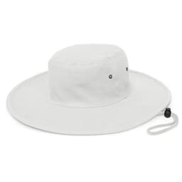 A wide-brim hat in a light gray color, featuring a simple design with ventilation holes and an adjustable chin strap.