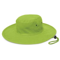 A wide-brim hat in vibrant lime green, designed for sun protection with a adjustable chin strap.