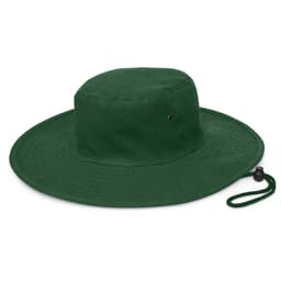 A green wide-brim hat with eyelets and an adjustable strap. Suitable for outdoor activities.