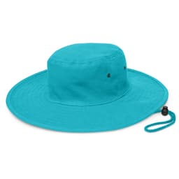 A wide-brim hat in vibrant turquoise, featuring a circular crown and a drawstring for adjustable fit.