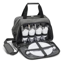 A grey picnic bag opened to reveal dinnerware, including forks, knives, plates, and glasses, neatly organised inside.