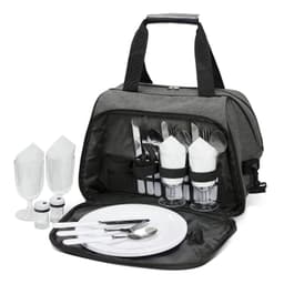 A grey picnic bag contains cutlery, plates, glasses, and salt and pepper shakers, neatly organized inside.