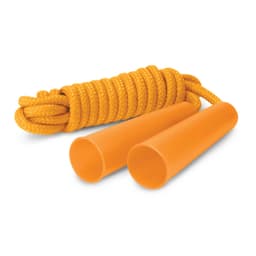 An orange skipping rope with two handles and a twisted rope design, featuring a brand logo.