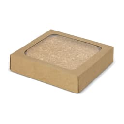 A square, brown cardboard box containing a set of four round cork coasters. The coasters have a natural cork colour.