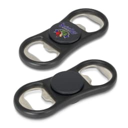 A drink bottle opener in black with a spinner feature and metal bottle opener ends, featuring a logo.