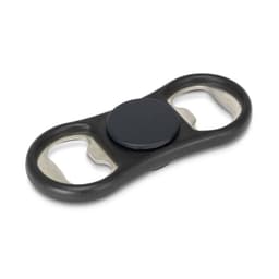 A drink bottle opener in black, featuring two bottle cap remover ends and a central spinner section.