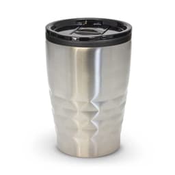 A stainless steel drink bottle with a textured design and a black plastic lid. It features a logo on the side.