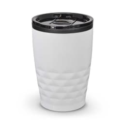 A white drink bottle with a textured design and a black lid, featuring a logo.
