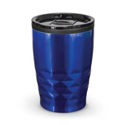 A drink bottle in a shiny blue finish with a textured surface and a black lid. It features a logo on the side.
