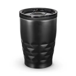 A drink bottle with a textured black exterior and a lid, featuring a sleek, modern design.