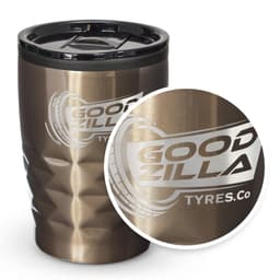 A drink bottle in a bronze colour with a textured design and a black lid. It features a logo.