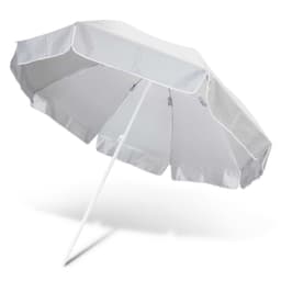 A beach umbrella with a wide canopy and a white fabric cover, supported by a straight pole.