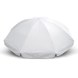 A white beach umbrella with a rounded shape, featuring a central pole and a smooth fabric surface.