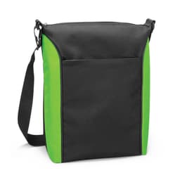 A black and green cooler bag with an adjustable strap and a front pocket, featuring a logo.