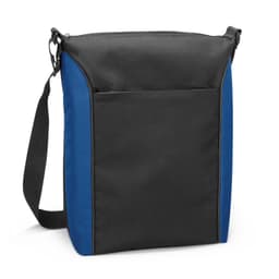 A black and blue cooler bag with a shoulder strap and a front pocket. It features a logo on the side.