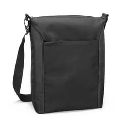 A black cooler bag featuring a shoulder strap and a front pocket, designed for carrying drinks and food items.