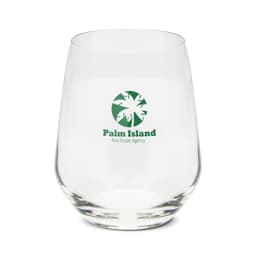 A clear stemless glass featuring a logo. Ideal for enjoying beverages.