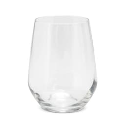 A stemless glass with a clear, smooth design and a rounded base, suitable for various beverages.