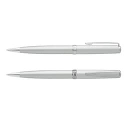 A set of silver metal pens with a sleek design and a branding logo on one side.