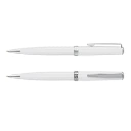 A set of two white metal pens with chrome accents and clips, featuring a sleek and elegant design.