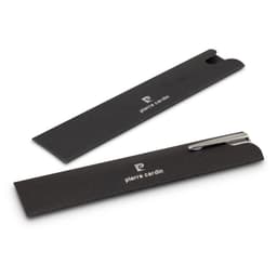 A metal pen in a sleek black case, featuring a simple logo on both the case and the pen.