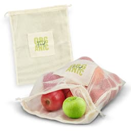 A cotton produce bag filled with red and green apples, featuring a logo that reads "Organic."