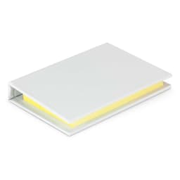 A sticky note pad featuring a yellow pad encased in a sleek white cover.
