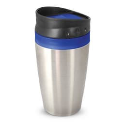 A stainless steel coffee cup with a black and blue lid. It has a sleek and modern design, featuring a logo.