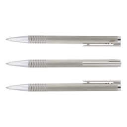 A metal pen in brushed steel with a sleek design, featuring a clip and ridged grip. Includes branding on the barrel.