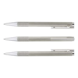 A Lamy Logo Pen and Pencil Set featuring a sleek metal design in a silver finish, including two pens and one pencil.