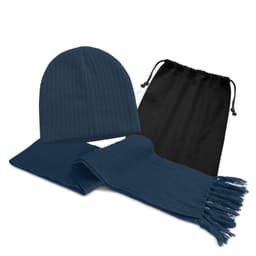 A navy beanie and matching scarf set, accompanied by a black drawstring bag.