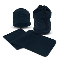 A navy blue scarf and beanie set, accompanied by a matching drawstring storage bag. The materials appear soft and warm.