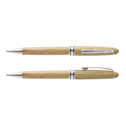A wooden pen with metallic accents, featuring a natural wood finish and a sleek design.