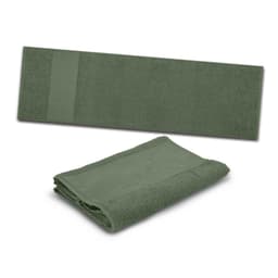A green sports towel, displayed both flat and folded, featuring a logo on one side.