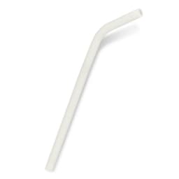 A silicone drinking straw in a light cream colour, featuring a slight bend. The product has a logo on it.