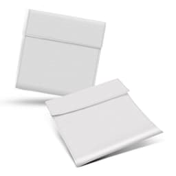 A set of two white reusable food pouches with a simple fold-over closure, designed for carrying food items.
