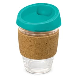 A drink bottle with a transparent glass body, a cork band around the middle, and a turquoise lid.