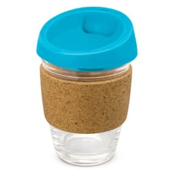 A drink bottle featuring a glass body, a cork band for grip, and a bright blue silicone lid.