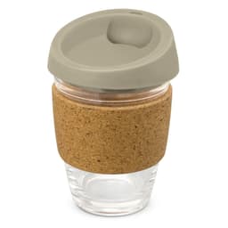 A drink bottle featuring a glass design with a cork band around the middle and a matching lid.