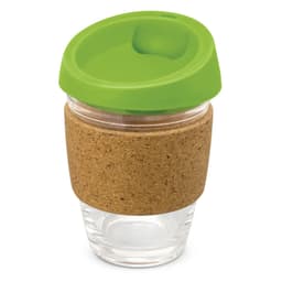 A drink bottle with a glass body, complemented by a cork band and a green silicone lid.